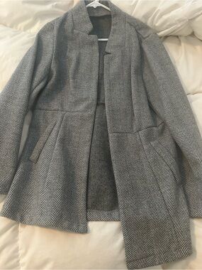 Women's Gray Herringbone Peacoat - Open Front Tailored Jacket